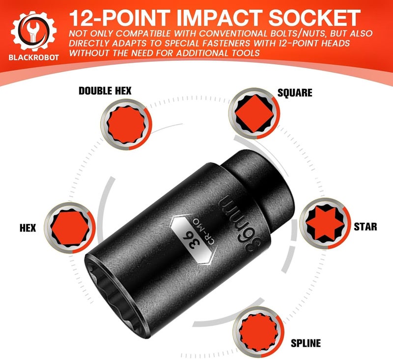 BLACKROBOT 36 mm 12-Point Deep Impact Socket, 1/2 Inch Drive, Metric, Black Manganese Phosphate Coating - Image 3